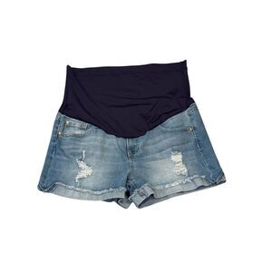 Pink Blush Maternity Med Wash Distressed Stretch Denim Shorts Belly Band Size 29